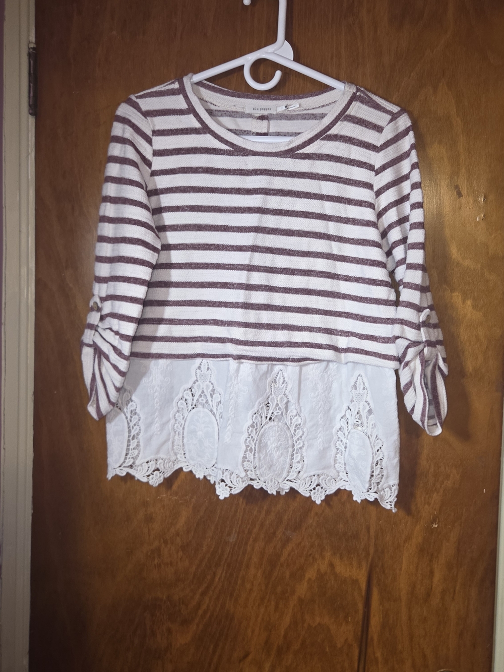 Blu Pepper Boho Striped Lace Trim Button Back Layered Top Size M